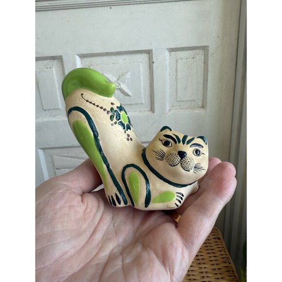 Vintage MCM Tonala Mexican Art Pottery Stretching Cat Kitty Hand Painted Floral - Picture 5 of 12